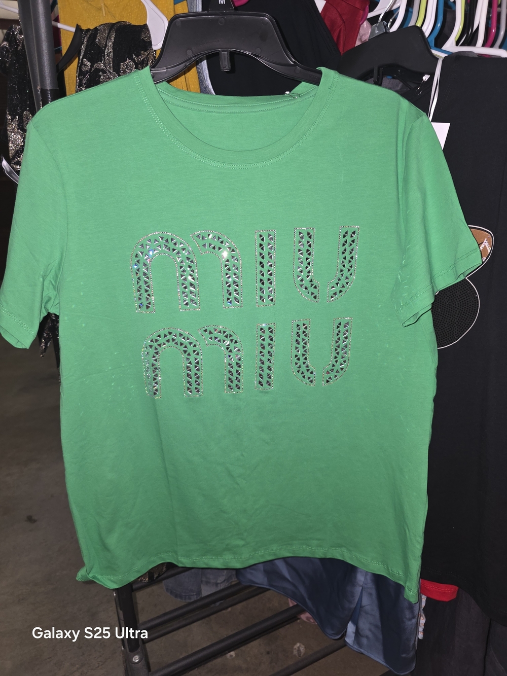 Miu Miu Novelty Green Logo Short-Sleeve With Bling. Super Stretch L/ XL NWT